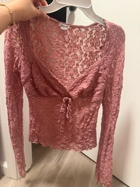 Kimchi Blue Dusty Rose Lace Tie-Front Long Sleeve Top
